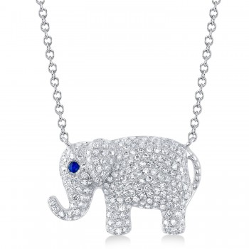 Diamond & Blue Sapphire Elephant Pendant Necklace 14K White Gold (0.49ct)