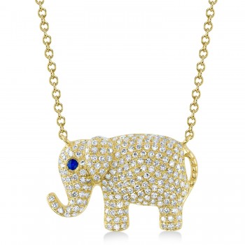 Diamond & Blue Sapphire Elephant Pendant Necklace 14K Yellow Gold (0.49ct)