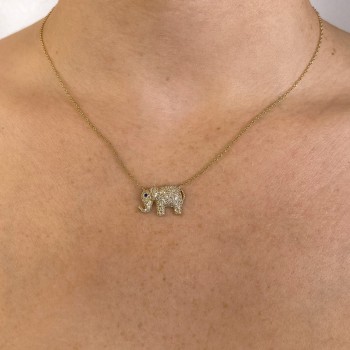 Diamond & Blue Sapphire Elephant Pendant Necklace 14K Yellow Gold (0.49ct)