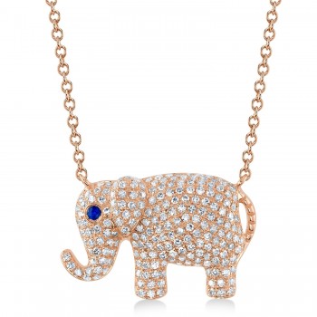 Diamond & Blue Sapphire Elephant Pendant Necklace 14K Rose Gold (0.49ct)