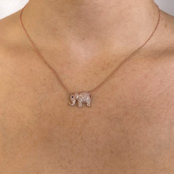 Diamond & Blue Sapphire Elephant Pendant Necklace 14K Rose Gold (0.49ct)