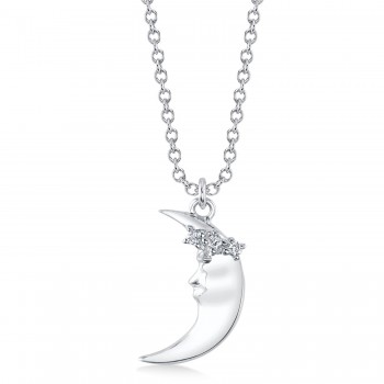 Diamond Crescent Moon Pendant Necklace 14K White Gold (0.03ct)