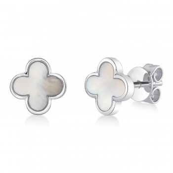 Mother Of Pearl Clover Stud Earrings 14K White Gold (0.59ct)