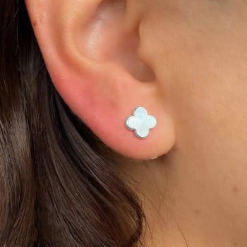 Mother Of Pearl Clover Stud Earrings 14K White Gold (0.59ct)