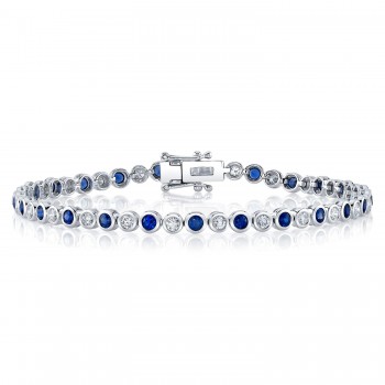 Lab Grown Blue Sapphire & Diamond Tennis Bracelet 14K White Gold (2.50ct)