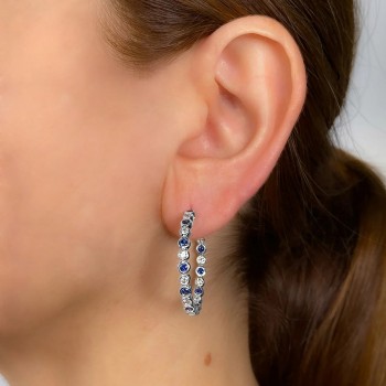 Lab Grown Blue Sapphire & Diamond Hoop Earrings 14K White Gold (2.10ct)