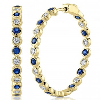 Lab Grown Blue Sapphire & Diamond Hoop Earrings 14K Yellow Gold (2.10ct)