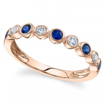Lab Grown Blue Sapphire & Diamond Bezel Ring Band 14K Rose Gold (.46ct)