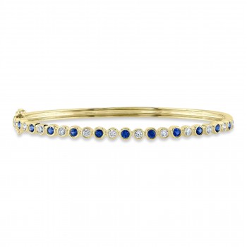 Alternating Diamond & Blue Sapphire Bezel Bangle Bracelet 14K Yellow Gold (1.22ct)