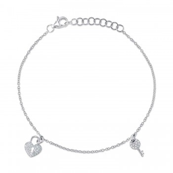 Diamond Pave Heart Lock & Key Bracelet 14K White Gold (0.10ct)