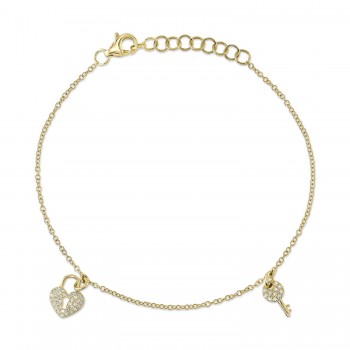 Diamond Pave Heart Lock & Key Bracelet 14K Yellow Gold (0.10ct)