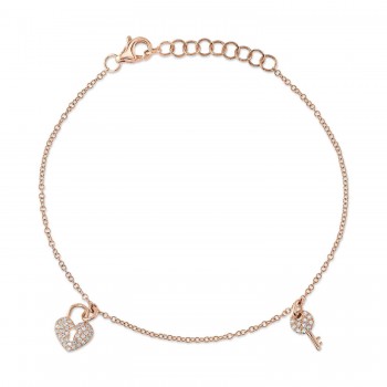 Diamond Pave Heart Lock & Key Bracelet 14K Rose Gold (0.10ct)