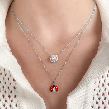 Diamond & Cultured Pearl Halo Pendant Necklace 14K White Gold (0.13ct)