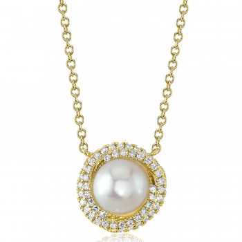 Diamond & Cultured Pearl Halo Pendant Necklace 14K Yellow Gold (0.13ct)