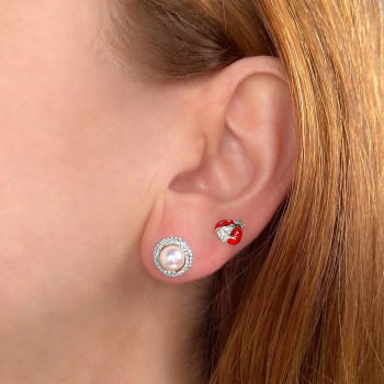 Diamond & Cultured Pearl Stud Halo Earrings 14K White Gold (0.26ct)