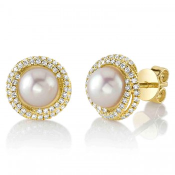 Diamond & Cultured Pearl Stud Halo Earrings 14K Yellow Gold (0.26ct)
