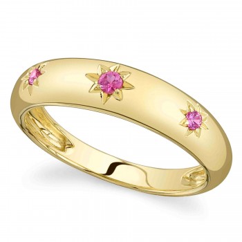 Pink Sapphire Star Wide Band Ring 14K Yellow Gold (0.11ct)