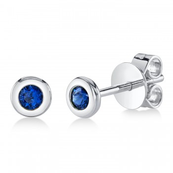 Round Blue Sapphire Bezel Stud Earrings 14K White Gold (0.14ct)
