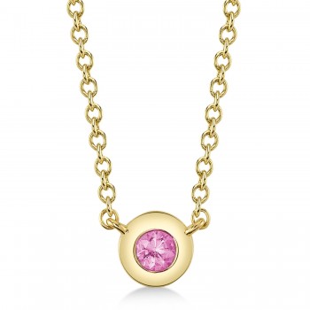 Round Pink Sapphire Bezel Pendant Necklace 14K Yellow Gold (0.07ct)