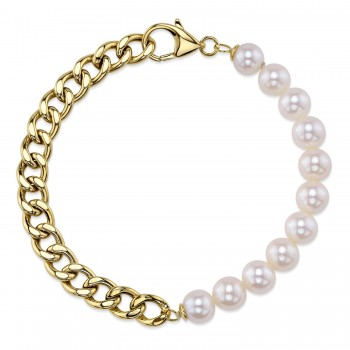 Cultured Pearl Link Bracelet 14K Yellow Gold