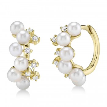 Cultured Pearl & Diamond Huggie Earrings 14K Yellow Gold (0.17ct)