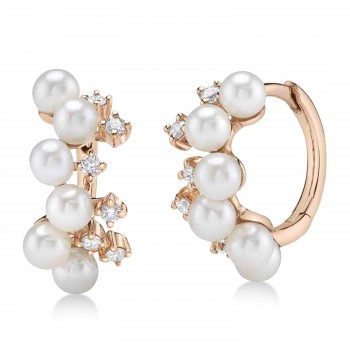 Cultured Pearl & Diamond Huggie Earrings 14K Rose Gold (0.17ct)