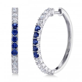 Lab Grown Blue Sapphire & Diamond Hoop Earrings 14K White Gold (1.52ct)