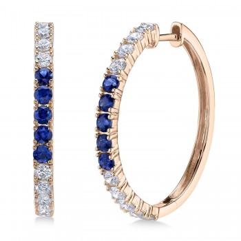 Lab Grown Blue Sapphire & Diamond Hoop Earrings 14K Rose Gold (1.52ct)