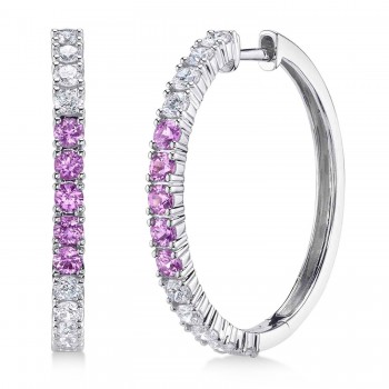 Lab Grown Pink Sapphire & Diamond Hoop Earrings 14K White Gold (1.54ct)