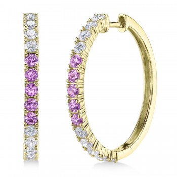 Lab Grown Pink Sapphire & Diamond Hoop Earrings 14K Yellow Gold (1.54ct)