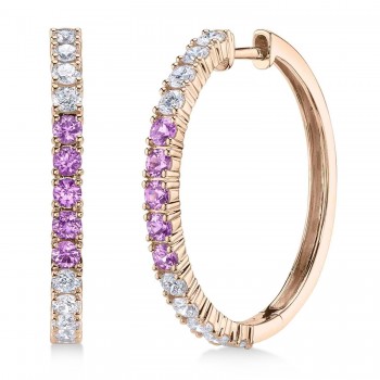 Lab Grown Pink Sapphire & Diamond Hoop Earrings 14K Rose Gold (1.54ct)