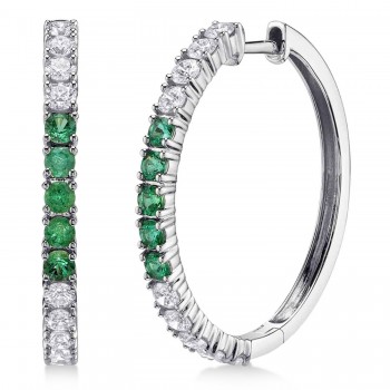 Lab Grown Emerald & Diamond Hoop Earrings 14K White Gold (1.41ct)