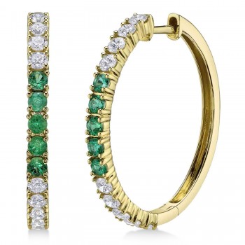 Lab Grown Emerald & Diamond Hoop Earrings 14K Yellow Gold (1.41ct)