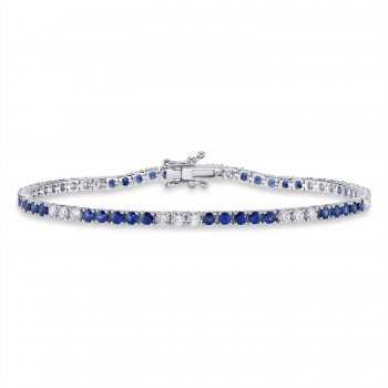 Lab Grown Blue Sapphire & Diamond Tennis Bracelet 14K White Gold (3.72ct)