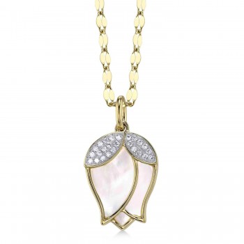 Mother of Pearl & Diamond Flower Pendant Necklace 14K Yellow Gold (1.80ct)
