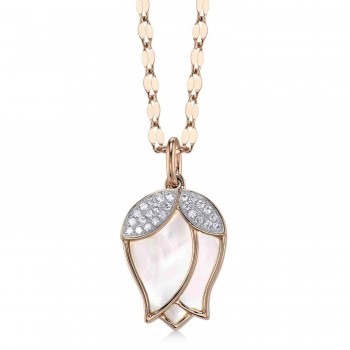 Mother of Pearl & Diamond Flower Pendant Necklace 14K Rose Gold (1.80ct)