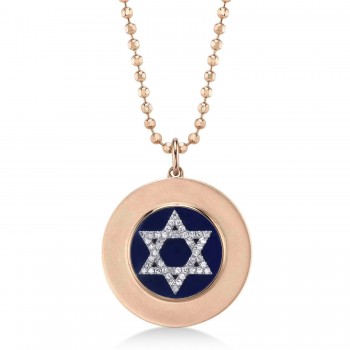 Lapis & Diamond Jewish Star of David Disc Pendant Necklace 14K Rose Gold (2.59ct)