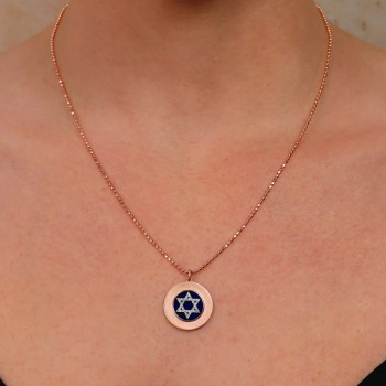 Lapis & Diamond Jewish Star of David Disc Pendant Necklace 14K Rose Gold (2.59ct)