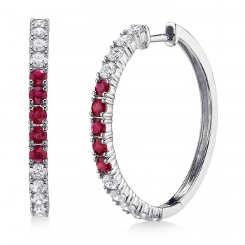 Lab Grown Ruby & Diamond Hoop Earrings 14K White Gold (1.51ct)