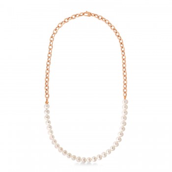 White Cultured Pearl String Rolo Link Necklace 14k Rose Gold