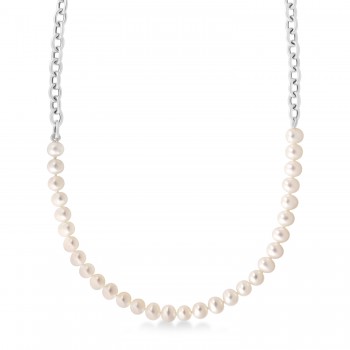 White Cultured Pearl String Rolo Link Necklace 14k White Gold