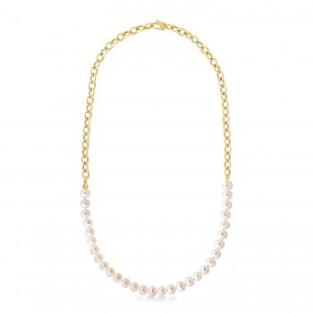 White Cultured Pearl String Rolo Link Necklace 14k Yellow Gold