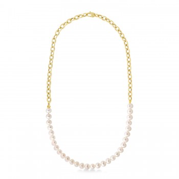 White Cultured Pearl String Rolo Link Necklace 14k Yellow Gold