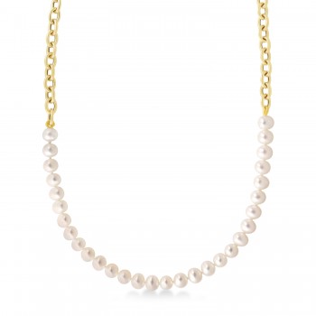 White Cultured Pearl String Rolo Link Necklace 14k Yellow Gold