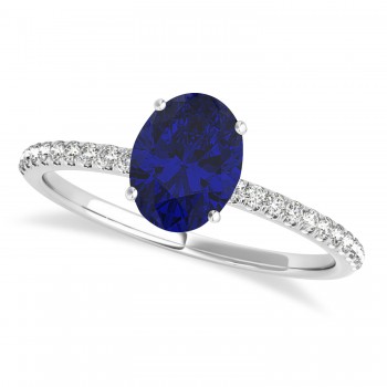 Blue Sapphire & Diamond Accented Oval Shape Engagement Ring 14k White Gold (0.75ct)