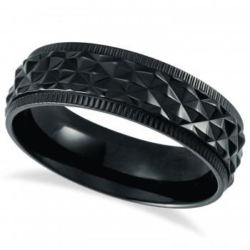 Patterned Coin Edge Wedding Ring Band Black Titanium (7mm)