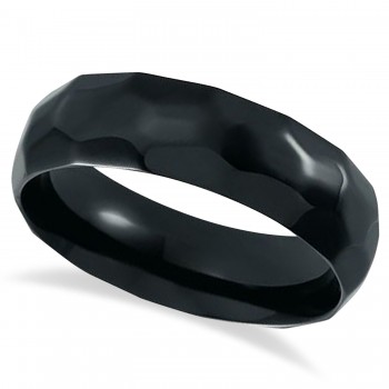 Men's Domed Hammered Wedding Ring Band Black Titanium (7mm)