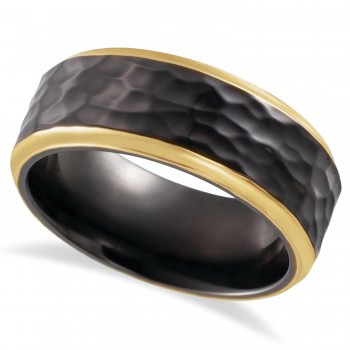 Men's Hammered Wedding Ring Band 18K Yellow Gold PVD Black Titanium (8mm)