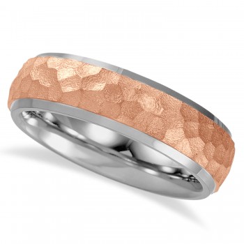 Men's Hammered Finish Wedding Ring Titanium with 18K Rose Gold Plated (7mm)