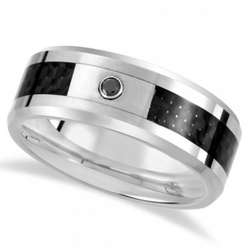 Diamond Beveled Wedding Band in Tungsten w Carbon Fiber 0.05ct (8.3mm)